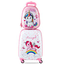 White and pink unicorn suitcase with music-themed unicorn backpack
