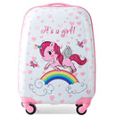 White suitcase front with pink unicorn, rainbow and heart print