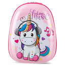 Pink backpack with decorative headphone-wearing unicorn print