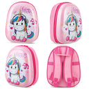 Multiple angles of one pink unicorn backpack
