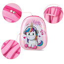 Pink unicorn backpack straps, rear attachment band and zip details