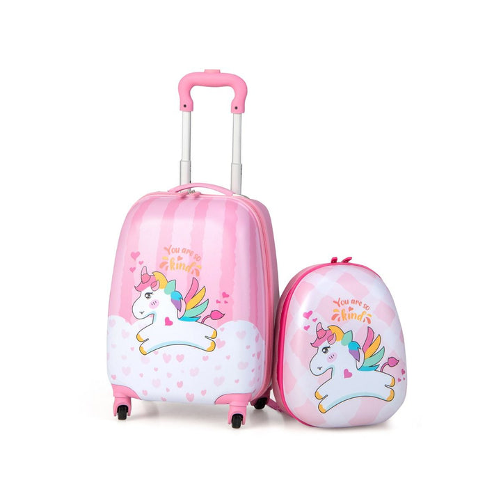 Pink Dream Unicorn suitcase and coordinating backpack with striped and heart-patterned print