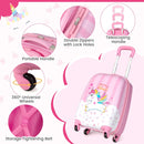 Pink unicorn suitcase handle, zip, rotating-wheel and internal packing-strap details