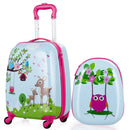Light-blue woodland deer suitcase with coordinating owl backpack and pink trim