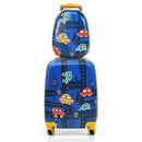 Blue vehicle-print suitcase with matching backpack and yellow trim