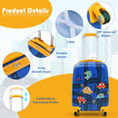 Blue vehicle suitcase telescopic handle, zips, packing straps and wheel details