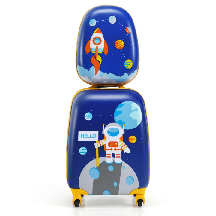 Blue moon-astronaut suitcase with yellow trim and matching rocket backpack