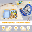 Open blue luggage compartments; displayed contents are styling props