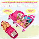Open pink mermaid luggage showing packing compartments; contents are styling props