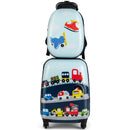 Navy vehicle-print suitcase with matching aircraft-print backpack