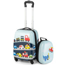 Navy vehicle-print suitcase and backpack with handle extended