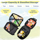 Open navy luggage showing compartments; contents are styling props