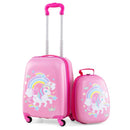 Peach Red suitcase and backpack with telescopic handle extended