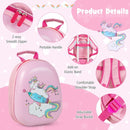 Pink unicorn-cloud backpack with zip, carry handle and adjustable strap details