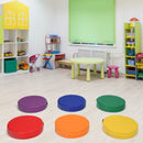 Six round floor cushions in red, orange, yellow, green, blue and purple
