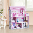 Pink wooden dollhouse arranged in a room with furnished open-front play areas