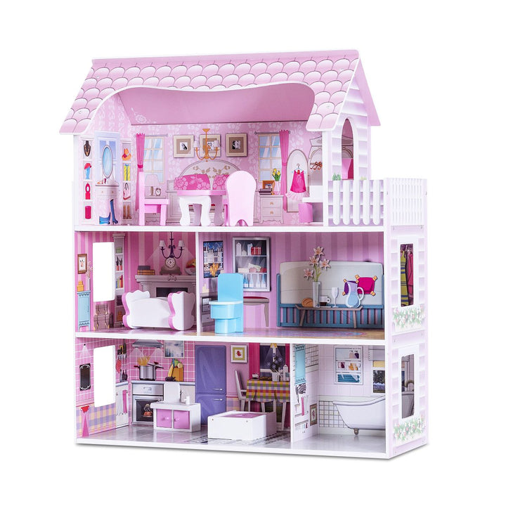 Pink three-storey wooden dollhouse with five rooms, balcony and miniature furniture