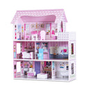 Pink three-storey wooden dollhouse with five rooms, balcony and miniature furniture