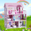 Pink wooden dollhouse shown against an illustrated backdrop