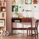 Brown kids study desk with one drawer, open cubby and matching chair; books, toys and styling props are not included