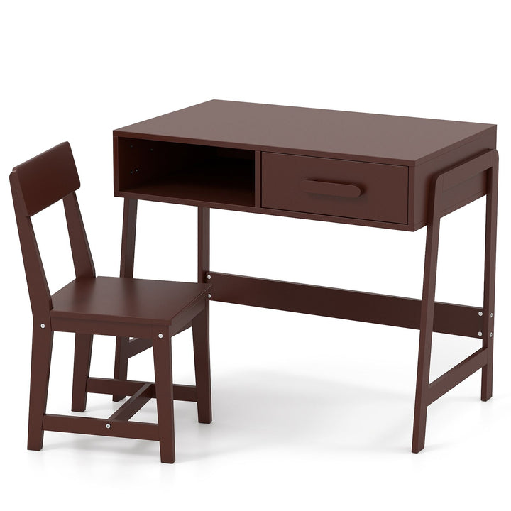 Brown kids study desk with one drawer, open cubby and matching chair