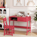 Pink kids study desk with one drawer, open cubby and matching chair; books, toys and styling props are not included