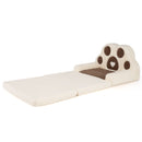 Brown and cream paw-back toddler sofa with the seat unfolded for supervised play