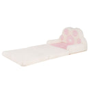 Pink and cream paw-back toddler sofa with the seat unfolded for supervised play