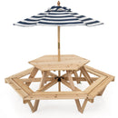 Natural hexagonal kids picnic table with six bench sections and blue-and-white umbrella