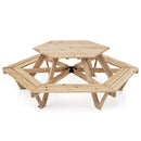 Hexagonal wooden kids picnic table shown with the removable umbrella taken out