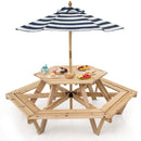 Wooden picnic table with striped umbrella; food and tableware shown are not included