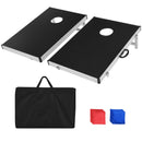Two black cornhole boards, carry bag and sample red and blue beanbags