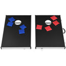 Two black boards with the eight red and blue beanbags