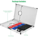 Open joined cornhole case showing eight beanbags and the carry bag inside