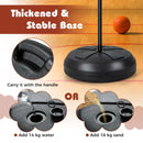 Fillable basketball stand base showing alternative water or sand ballast and carrying handle; ball and ballast not included