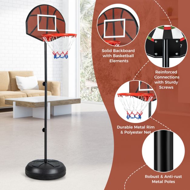 Black basketball hoop stand with round fillable base and basketball-shaped backboard; supplier construction details
