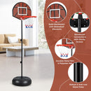 Black basketball hoop stand with round fillable base and basketball-shaped backboard; supplier construction details