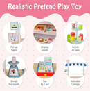 Pretend food cart details showing display shelves, drink rack, toy scale, checkout and striped canopy