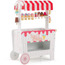 Red and white wooden ice cream play cart with canopy, display rack and pretend sweets