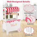 Red ice cream play cart with canopy, rounded corners and wooden support legs