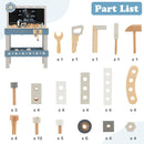 Blue wooden toy workbench with chalkboard, clock and illustrated 61-piece set of loose toy tools and construction parts