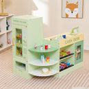 Green wooden pretend supermarket in a styled room; extra props and room furnishings are not included