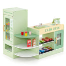 Green wooden pretend supermarket with checkout counter, vending cabinet, shelves and visible Costway cabinet branding