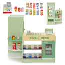 Green supermarket playset front and vending views with pretend checkout and 13 grocery accessories