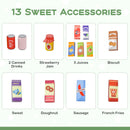 Thirteen pretend grocery accessories supplied with the green supermarket playset