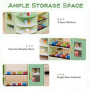 Green supermarket playset showing three curved shelves, a two-tier display rack and single-door cabinet