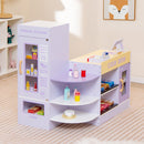 Purple wooden pretend supermarket in a styled room; extra props and room furnishings are not included