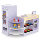 Purple wooden pretend supermarket with checkout counter, vending cabinet, shelves and visible Costway cabinet branding