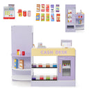 Purple supermarket playset front and vending views with pretend checkout and 13 grocery accessories