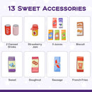 Thirteen pretend grocery accessories supplied with the purple supermarket playset